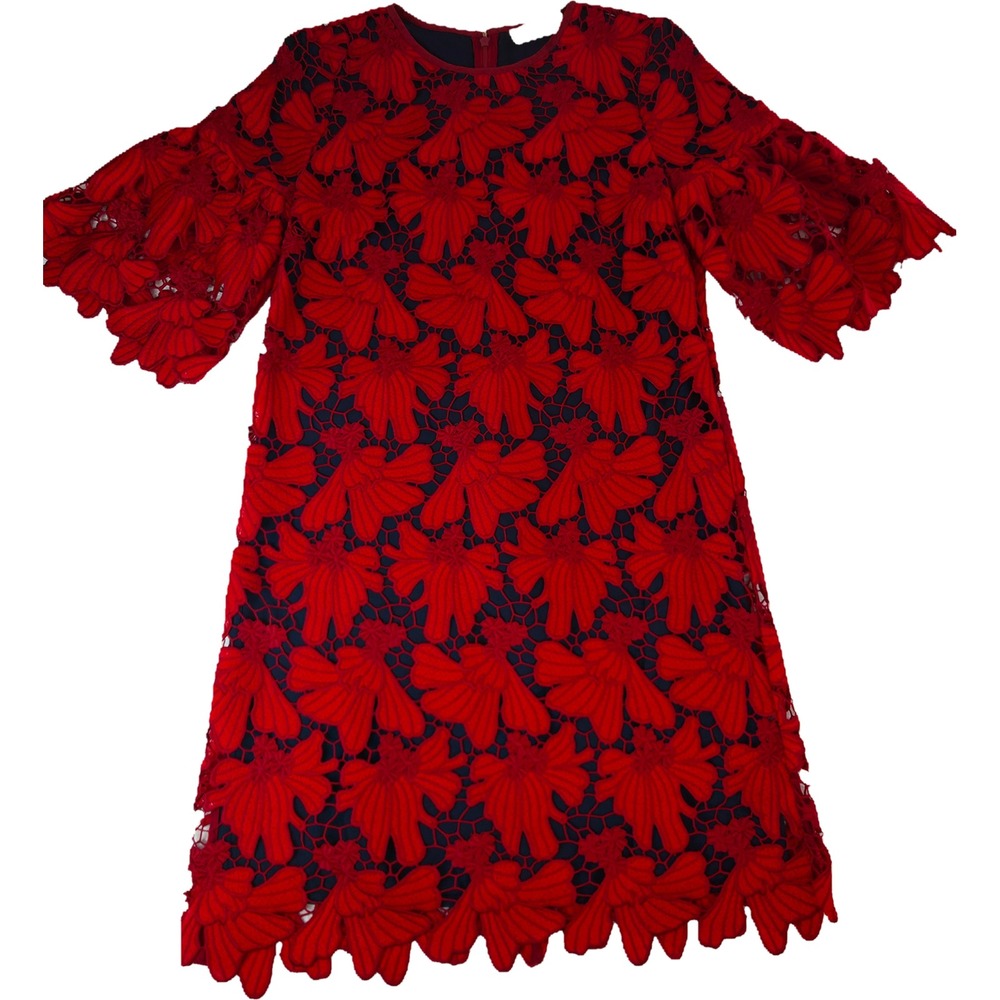 Tory Burch Dress Women 6 Red Guipure Lace Bell Sleeve Mini Floral - Picture 2 of 12
